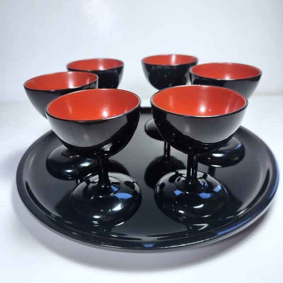 Bembo Okinawa Lacquerware Sake Wine Set 6 Cups Stemmed Vintage Traditional Japan - Picture 1 of 12